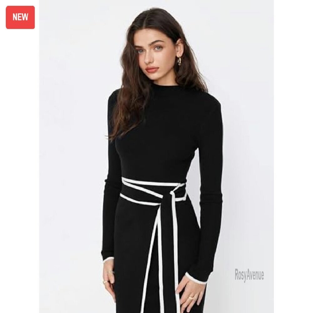 Long Sleeve Mock Turtleneck Sweater Dress Midi Work Dress Slim Fit - Picture 6 of 8